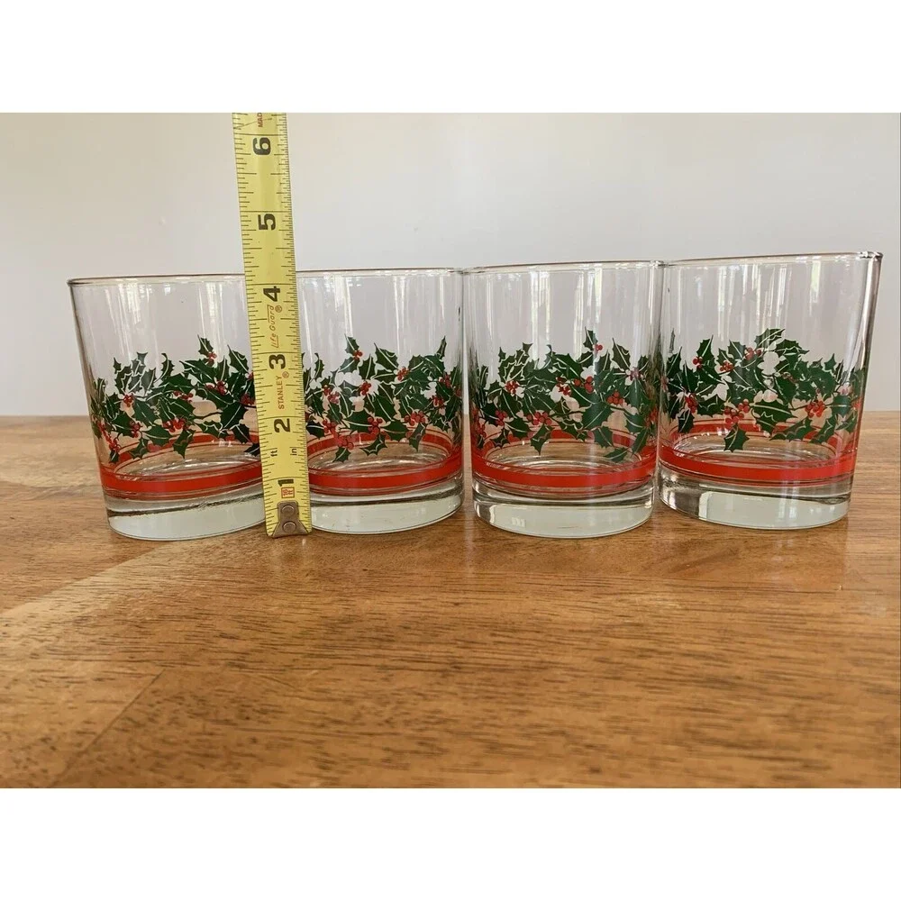 Vintage Libbey Holly Berry Ribbon Glass Coffee Mugs set of 4‎ Holiday 8 oz